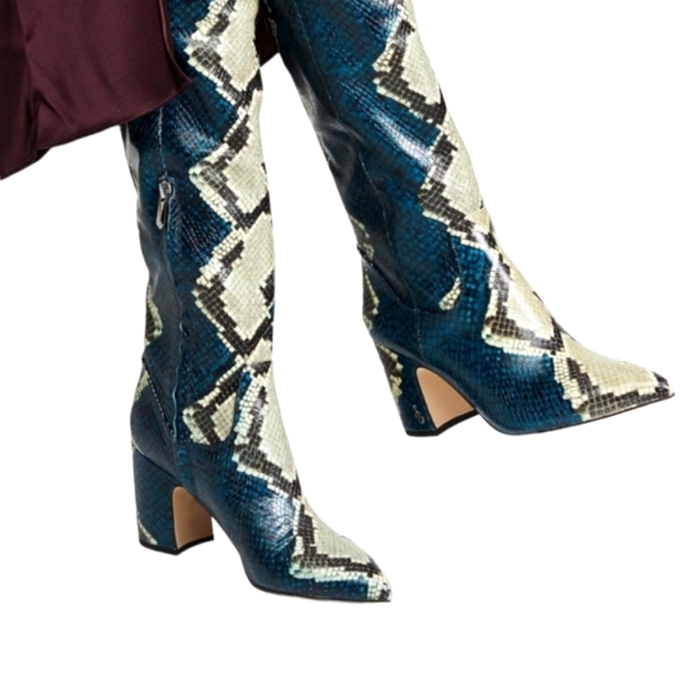 Sam Edelman Teal Blue Snake-Print Heeled Boots